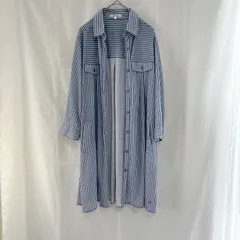 美品 Hush Puppies ハッシュパピー レディース トップス ロング丈 シャツ ブラウス L ブルー ストライプ 犬 キャラクター 刺繍 かわいい おしゃれ お仕事着 カジュアル 体型カバー 羽織り