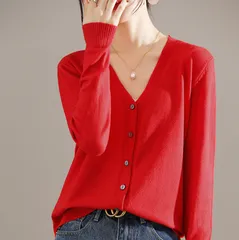 【レッド】レディース カーディガン Vネック ニット セーター 長袖 シンプル きれいめ 薄手 無地 オフィスカジュアル 春 秋 冬 上品 羽織り おしゃれ