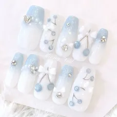 No.100オーダー♡量産型ワンホン韓国フレンチガーリーチェリーネイルチップ さくらんぼ チェリー 水色 スナ系 リボン ドット