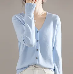 【ライトブルー】レディース カーディガン Vネック ニット セーター 長袖 シンプル きれいめ 薄手 無地 オフィスカジュアル 春 秋 冬 上品 羽織り おしゃれ