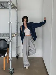 冬新作 単独製作) 裏起毛エアロバンディングワイドパンツ スタイリッシュなデザイン 裏起毛