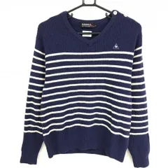 ルコックゴルフ セーター ネイビー×アイボリー ボーダー Vネック 肩ボタン ウール100％ ニット  メンズ M ゴルフウェア le coq sportif