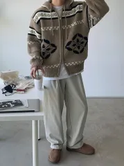 冬新作 ノルディック WHOフードジップアップニット 大ヒット商品 雪花 ジップアップ ジャガード 厚手 ユニセックス オーバー