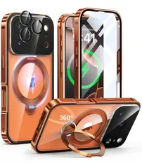 ★iPhone 17 Pro Max 用 ケース 両面保護 MagSafe対応 光沢CD紋様リング 360°定点回転スタンド 自動ポップアップロック付き カメラレンズフル保護 いphone 17 pro max 用