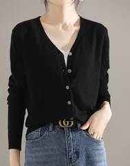 【ブラック】レディース カーディガン Vネック ニット セーター 長袖 シンプル きれいめ 薄手 無地 オフィスカジュアル 春 秋 冬 上品 羽織り おしゃれ