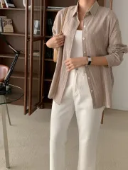 秋の新作コレクターズアイテム ソーダ 줄지シャツ デイリー ルーズフィット コットン ストライプ アウター用 カーディガン