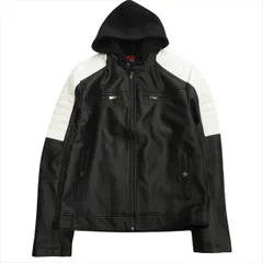 美品 ゲス GUESS フード付き シングル ライダース ジャケット ブルゾン フェイクレザー レイヤード パーカー スウェット M 黒 ブラック メンズのサムネイル