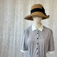 USA製 80s レトロストライプワンピース 白襟 半袖 とろみ素材 ウエストゴム 着心地◎ ヴィンテージ 古着