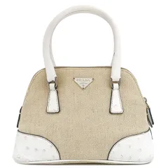 プラダ PRADA 2WAYバッグ キャンバス オーストリッチ キャンバス オーストリッチ ベージュ×ホワイト シルバー金具 三角ロゴプレート ミニ ショルダー 白 【中古】