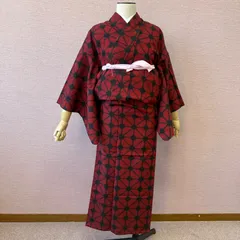 ウール　着物　ウール着物　黒　赤　冬物　リサイクル着物　w-834