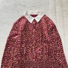 昭和レトロ 小花柄 長袖ロングワンピース 切り替え襟レッドゆったり可愛い11号