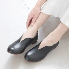 [ブラック]パンプス フラットシューズ ローヒール ぺたんこ フラット Vカット ラウンドトゥ 痛くない 柔らかい 疲れない 歩きやすい おしゃれ かわいい 靴 日本製 25cm 25.5cm 黒 軽量 立ち仕事 本革 レザー k160-31222