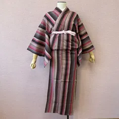 ウール　縦縞　ウール着物　ピンク　茶色　着物　リサイクル着物　w-836