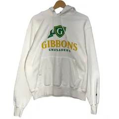ヴィンテージ Champion REVERSE WEAVE/チャンピオンリバースウィーブ カレッジ GIBBONS パーカー フーディー プルオーバー フロントプリント ワンポイント刺繡 オーバーサイズ  ELSAVADOR製 メンズ M ホワイト