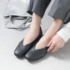 [ブラック]パンプス 本革 フラットシューズ ローヒール ぺたんこ  Vカット スクエアトゥ 痛くない 柔らかい 疲れない 歩きやすい おしゃれ きれいめ 靴 日本製 軽量 黒 仕事用 通勤 立ち仕事 冠婚葬祭 フォーマル k160-31267