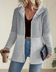 【グレー】レディース パーカー カーディガン ジップアップ ジップカーディガン ケーブル編み フード付き アウター カジュアル 軽量 暖かい 秋冬 長袖