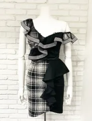 374 JEWELS ジュエルズ　キャバクラ　ドレス　チェック柄　フリル　ワンショルダー　タイト　ミニ　キャバドレス　S