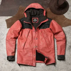 《新品未使用》レトロ ヴィンテージ加工 ミドル丈 レザージャケット ブラック×レッド 配色 フード付き アウトドア 本革ジャケット 防風 ゆったり 牛革アウター (K)