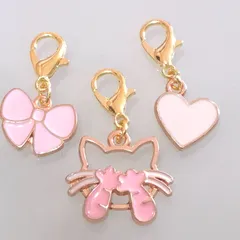 【255】ミニサイズ♡ファスナーチャーム♡猫♡にゃんこ♡リボン♡ハート♡ピンク♡エナメルミニチャーム3個セット アクセサリー - チャーム