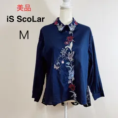 美品 iS ScoLar 蝶花前立て刺繍シャツ ネイビー ドレスシャツ シフォン 異素材 長袖シャツ コットンシャツ 刺繍 個性派 エレガント Mのサムネイル