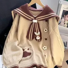 超人气のネイビーカラー学院風フォレスト系セーター/カーディガン