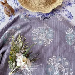 marble sud マーブルシュッド 花束 刺繍 ストライプ ゆったりワンピース グレー×グリーン