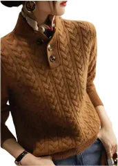 GREENTEA (グリーンティー) ニットトップス リブニット セーター 長袖 韓国 大きいサイズ オシャレ ざっくりセーター プルオーバー ゆったり 無地 シンプル ボタン付き (ブラウン,  L)