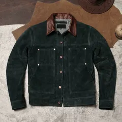 《新品未使用》レトロ 配管工／電気工風 スエード（リバースレザー）ジャケット ヴィンテージ加工 フルグレイン牛革 アウター 襟付き ワーク多ポケットジャケット (K)