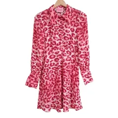 Kate spade(ケイトスペード) ワンピース サイズ0 XS レディース - 白×ピンク×ボルドー レギュラーカラー/長袖/ミニ/豹柄/シャツワンピ