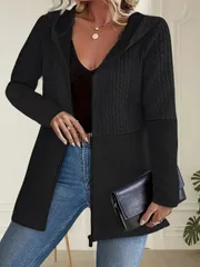 【ブラック】レディース パーカー カーディガン ジップアップ ジップカーディガン ケーブル編み フード付き アウター カジュアル 軽量 暖かい 秋冬 長袖