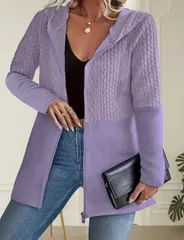 【パープル】レディース パーカー カーディガン ジップアップ ジップカーディガン ケーブル編み フード付き アウター カジュアル 軽量 暖かい 秋冬 長袖