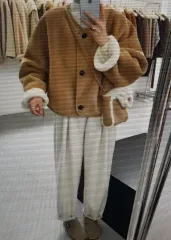 (海外配送)ベージュ ショート丈 ボア ジャケット