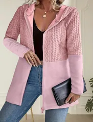 【ピンク】レディース パーカー カーディガン ジップアップ ジップカーディガン ケーブル編み フード付き アウター カジュアル 軽量 暖かい 秋冬 長袖