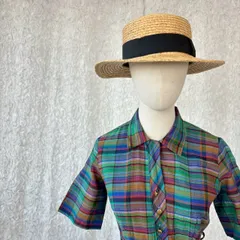 USA製 70s?80s ヴィンテージ チェック柄 半袖 シャツワンピース グリーン×パープル マドラスチェック レトロ