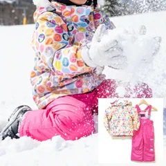 総柄が可愛い◎【Cacao】カカオ スキー ウェア ウエア 上下セット ジャケット アウター ジャンパー パンツ オーバーオール スノーボード 雪遊び アウトドア ウィンター スポーツ ピンク ホワイト ハート キッズ 女の子 サイズ100 /M39273ja