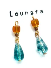 3603チェコビーズピアス オレンジ ブルー 小ぶりピアス 樹脂ピアス