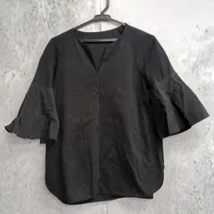 レディース トップス 異素材切り替え カットソー 黒 ブラック 五分袖 〇□