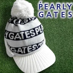 PEARLY GATES パーリーゲイツ ゴルフ ウール混ジャガード ロゴボーダー柄 総柄 ポンポン付き 耳当て ブリムニットワッチ ニット帽 帽子 053-2187005 定価1万 ホワイト ブラック FR ▲012▼51126w02