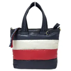 TOMMY HILFIGER(トミーヒルフィガー) ハンドバッグ美品  - ダークネイビー×レッド×白 ボーダー/中綿 レザー