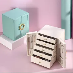 ジュエリーボックス 多収納 両開き おしゃれ かわいい ジュエリーケース 大容量 イヤリングケース ホワイト ブルー オレンジピンク