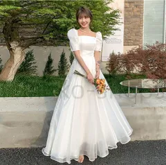 【新品未使用】2025新作 ウエディングドレス サテン Aライン 前撮り 半袖 ドレス ホワイト パフスリーブ 袖 ボリューム 二次会 結婚式