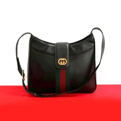 極 美品 GUCCI グッチ オールドグッチ ヴィンテージ シェリーライン GG ロゴ 金具 レザー 本革 ショルダーバッグ ブラック 77299