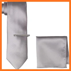 【新品】 [ドレスコード101] ネクタイ&ネクタイピン&ポケットチーフ 3点セット 飛び出すボックス付 結婚式 二次会 男性へのプレゼント クリスマス 洗える メンズ 無地×シルバー 日本 ネクタイ幅8cm (FREE サイズ) 0
