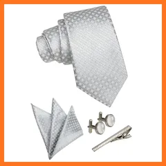 【新品】 [back under] ネクタイ 4点 チーフ セット 結婚式 シルバー メンズ ネクタイセット グレー タイピン ポケットチーフ カフス ボタン ギフト箱付(マイクロチェック) 1
