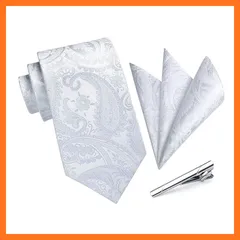 【新品】 [HISDERN] ネクタイ 結婚式 メンズ シルバー フォーマルブランド ネクタイ チーフ 3点セット ペイズリー柄 プレゼント 高級 ボックス付き ビジネス 慶事 披露宴 紳士 礼服 A3-03 0