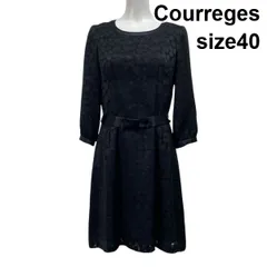 ◇ クレージュ Courreges 総レースワンピース 膝丈 フレア 七分袖 シアー Aライン 黒 ブラック 40 L 11号 レディース S5Y248
