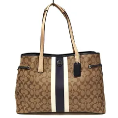 COACH(コーチ) トートバッグ シグネチャーストライプラージキャリーオールトート F23049 カーキ×ネイビー レザー