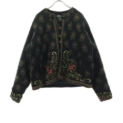 ICELANDIC DESIGN アイスランディックデザイン ウール ペイズリー柄 長袖 ノーカラー ニット カーディガン L ブラック 中綿入り レディース 古着