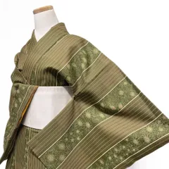 洗える着物　小紋　縦縞　花模様　鶯色　着物　122b p ms