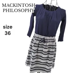 【美品】MACKINTOSH PHILOSOPHY マッキントッシュフィロソフィー ひざ丈ワンピース ネイビー 36 ボーダー レディース 七分袖 コットン